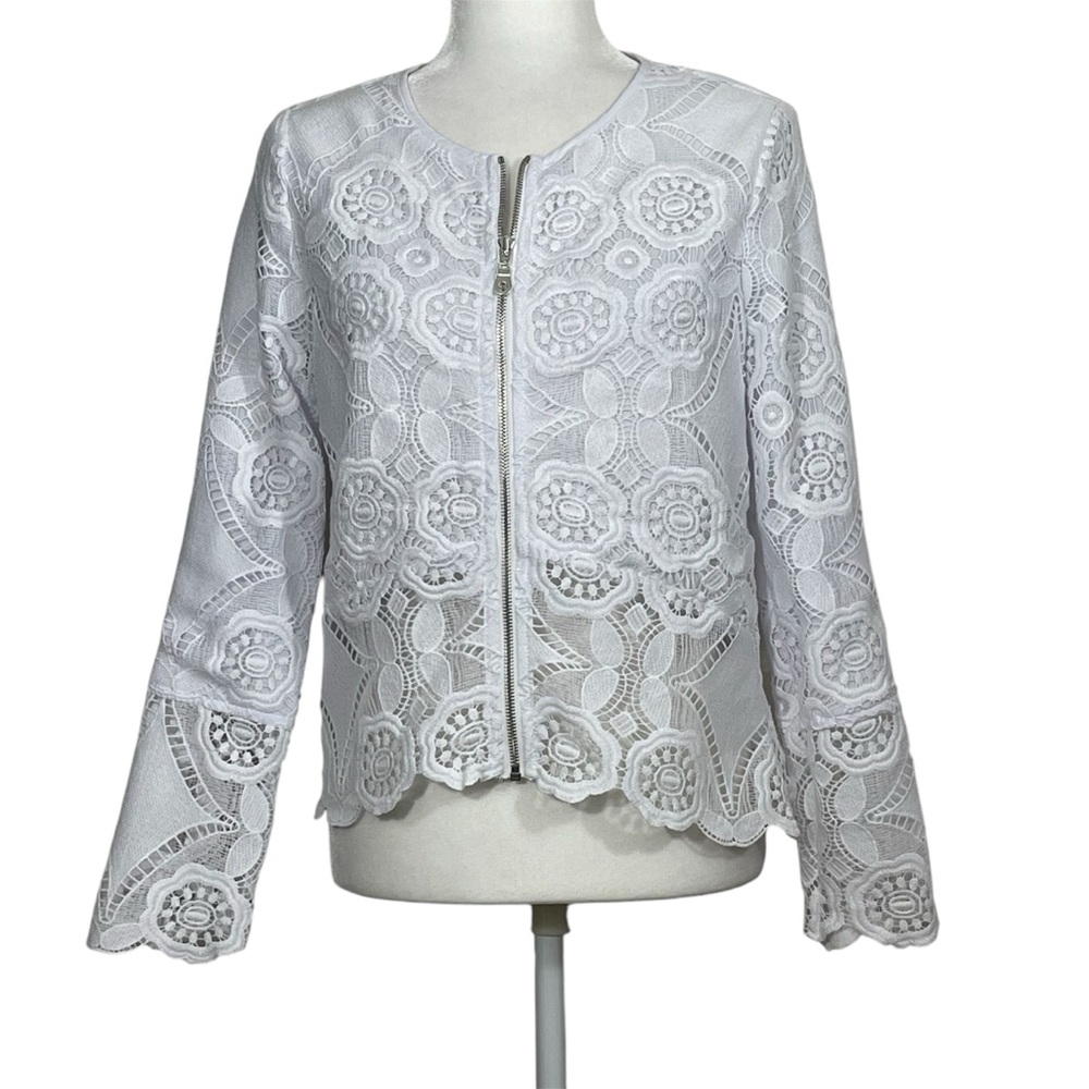 Saks Fifth Avenue White Lace Zip Front Jacket Feminine Coastal Romantic Casual
